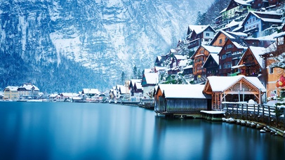 自然景观风景名胜奥地利哈尔施塔特山湖雪冬天的风景桌面壁纸
