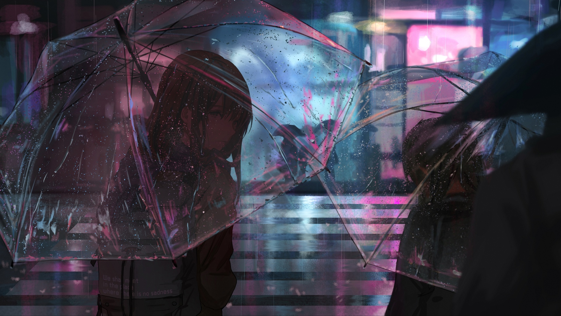 雨天 城市夜景 女子 雨伞 4k高清动漫壁纸壁纸