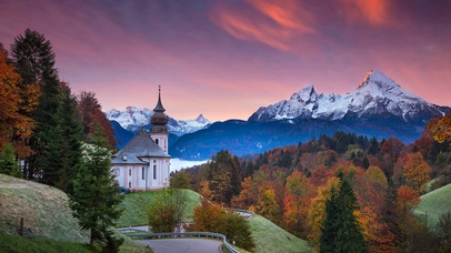 自然景观风景名胜德国巴伐利亚阿尔卑斯山脉树木教堂秋天风景壁纸