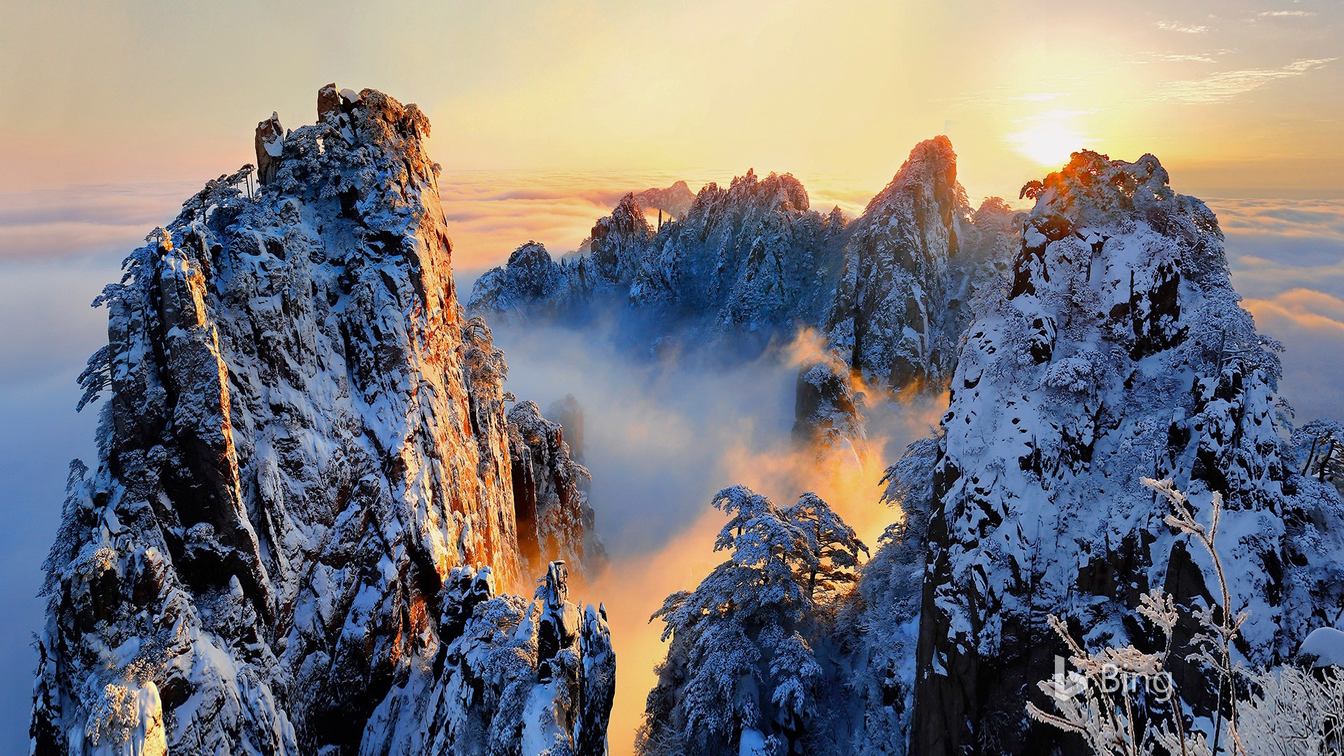 安徽黄山出现今年入冬首场雾凇云海景观